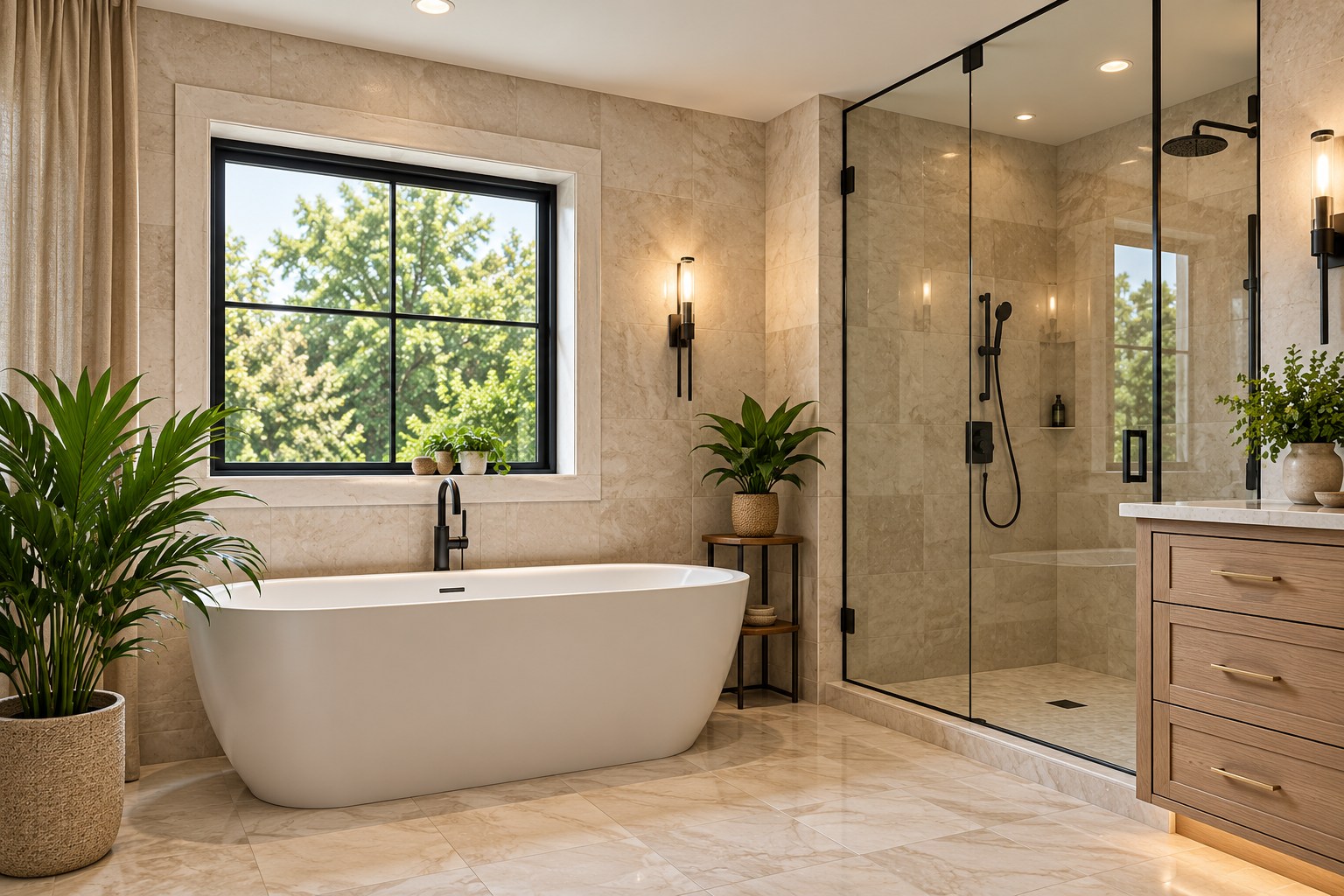 Bathroom with marble finishes and a freestanding tub